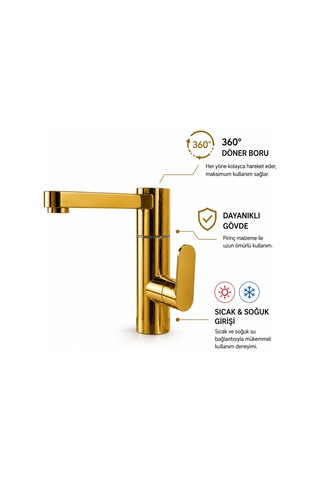 Lüx Premium Gold Silva 360 Oynar Borulu Lavabo Bataryası Özel Seri Modern Batarya Altın