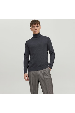 Jack & Jones Düz Renk Balıkçı Yaka Triko-Emil 12157417 Dark Grey Melange Koyu Gri Melanj