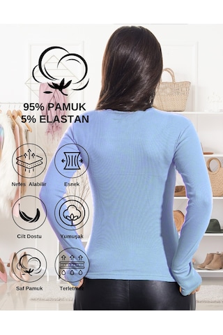 Alya Underwear Kaşkorse Tam Boğazlı Body Sweatshirt, Fitilli Kumaş, Likralı, Gül Kurusu Gök Mavi