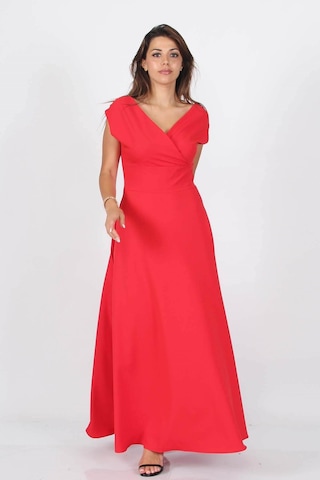 Neşeli Butik Kadın Omuz Detaylı Kayık Yaka Uzun Abiye Elbise Nb8076 Kırmızı