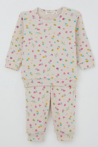 Breeze Kız Bebek Pijama Takımı Omuzdan Patlı Renkli Çiçek Desenli 4 Ay-1 Yaş, Krem Krem