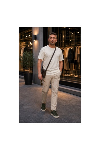 Modi Green Premium Oysho Regular Oversize Unisex Sıfır Yaka Kısa Kollu Tişört - Ekru