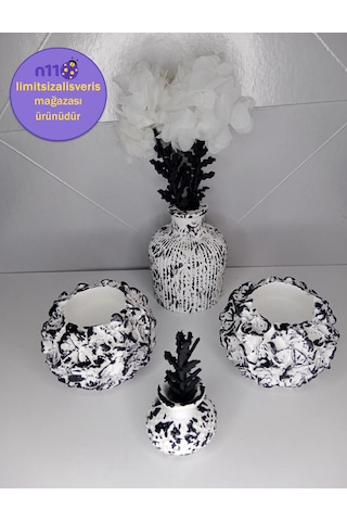 Siyah Beyaz Dekoratif Obje Mumluk Vazo Takımı Çiçekler Dahil Siyah Beyaz