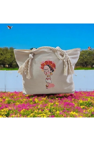 Bır Kadın Nakışlı Bez Çanta Naturel Ten
