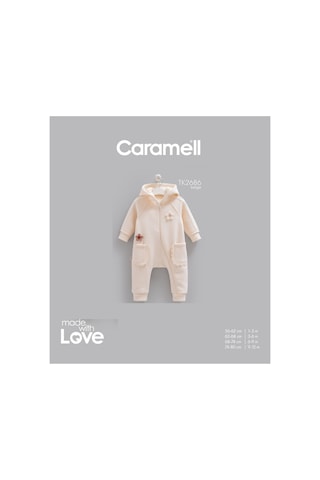 Caramell Barbosa 3 İplik Şardonlu Kapüşonlu Şık Kız Bebek Tulum 1-3 Ay/3-6 Ay/ 6-9 Ay/ 9-12 Ay Bej