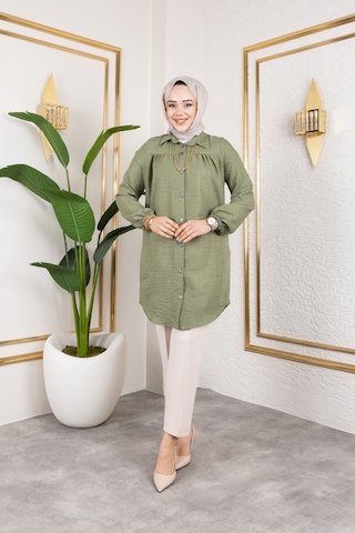 Önü Büzgülü Bilek Lastikli Tunik - Yeşil / Ü104 Yeşil