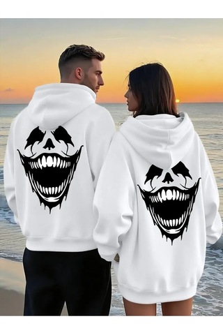 Nevermind Sevgili Kombini Oversize Hoodie Korku Gülüşü Baskılı 3 İplik Un Beyaz