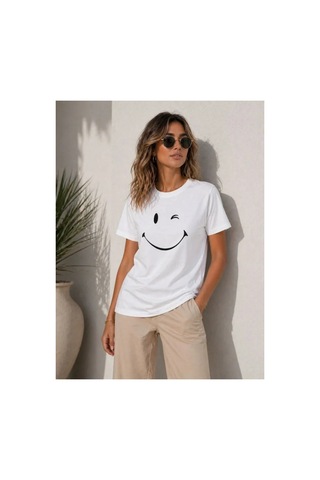 Butik İstanbul Minimal Gülümseyen Yüz Baskılı Tişört Kısa Kol Yazlık T-shirt - Beyaz