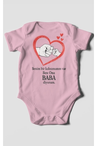Benim Bir Kahramanım Varc Ben Ona Baba Diyorum Baskılı Bebek Zıbını Çıtçıtlı Body Kısa Kol Koyu Pembe