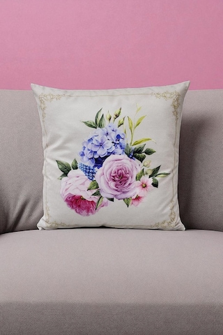 Pastel Çiçek Buketi Dijital Baskılı Kırlent Kılıfı - 40x40 Cm Ekru