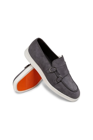 Deery Hakiki Süet Gri Çift Tokalı Erkek Loafer Ayakkabı - 01966mgrıc01 Gri