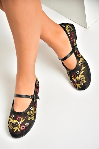 Fox Shoes U267853215 Siyah File Çiçek Motifli Kadın Babet Siyah-file Siyah