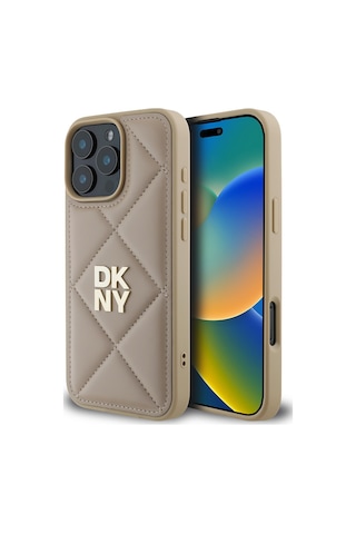Apple Uyumlu iPhone 16 Pro Kılıf Dkny Lisanslı Kapitone Tasarımlı Metal Logolu Deri Kapak Bej