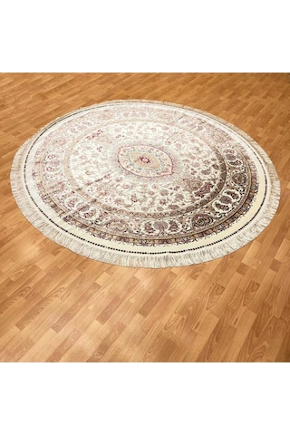 Çiçek Motifli 250 X 250 Yuvarlak İpek Halı Bej
