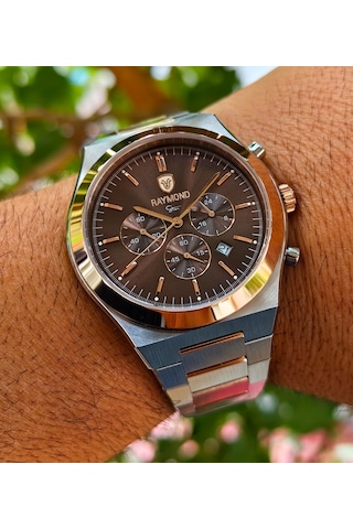 Raymond Star Serisi Kahverengi Kadran Çelik Erkek Kol Saati Gümüş - Rose Gold