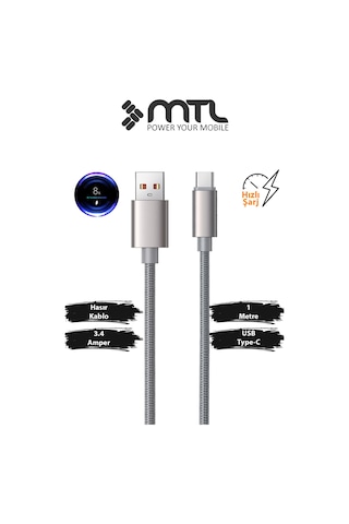 3.4a Usb To Type-c Örgülü Alüminyum Başlıklı Hızlı Şarj Ve Data Kablosu 1 Metre Mt2031