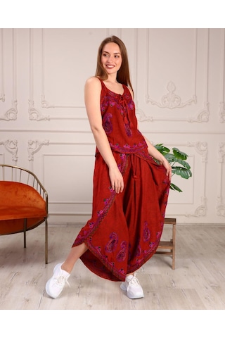 Bohem Stil Otantik Nakış İşlemeli Harem Şalvar Pantolon Buluz Takım-8816 Kiremit
