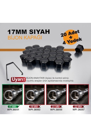 20 Adet + 4 Yedek Bijon Kapağı 17mm + Sökme Aparatı Peugeot - Citreon - Fiat - Renault - Opel - Toyota - Volkswagen - Hyundai - Kia Oem: 5408.12 / 9644577080 / 1611818780 / Pb9081 / 26051 Siyah