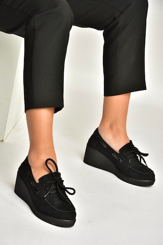 Fox Shoes Y602006402 Siyah Süet Dolgu Tabanlı Kadın Ayakkabı Siyah