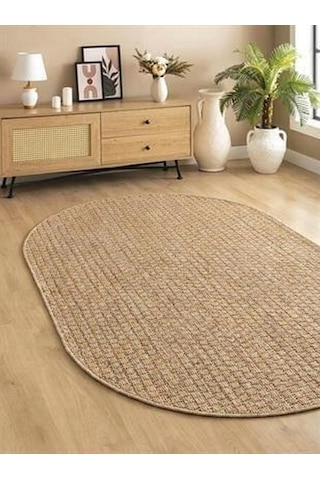 Sisal Jut Hasır OVAL Model Tek Renk Dokuma Yıkanabilir Toz Vermez Halı Krem Bej
