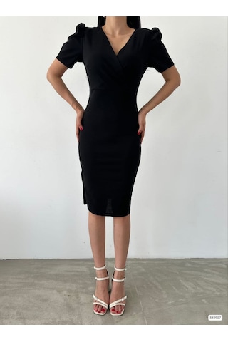 Soonaksesuar Kadın Kruvaze Yaka Yandan Yırtmaç Detaylı Scuba Krep Kumaş Midi Boy Elbise Siyah
