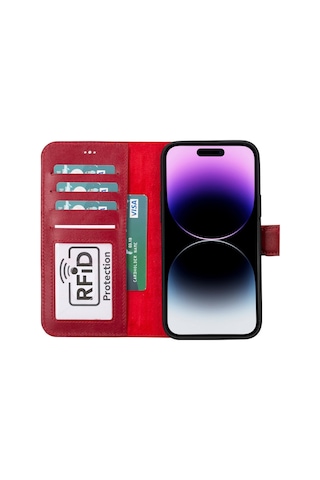 Plm Apple İphone 15 Plus Uyumlu Deri Cüzdanlı Kılıf Mwwn V4ef Kırmızı Acı Kahverengi