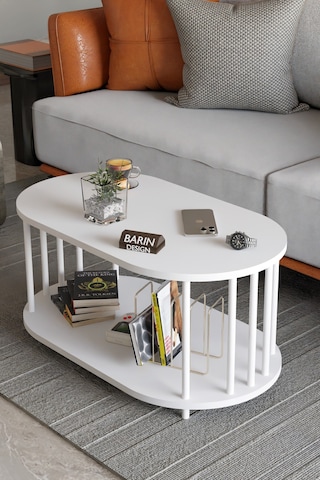 Modern Oval Orta Sehpa Çift Katlı Metal Ayaklı Salon, Ofis, Dekoratif Sehpa, Beyaz Demir Beyaz