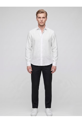 Plus Scorpion Erkek Keten Müslin Gömlek Slim Fit Düğmeli Yaka Uzun Kollu Yazlık Gömlek Beyaz