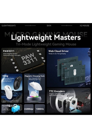 X2 Kablosuz 3 Modlu 24.000dpı Oyuncu Mouse Paw3311 Sensör Şarj İstasyon Grip Tape Ve Skatez Diğer