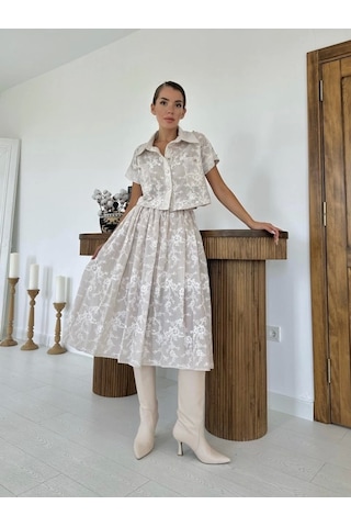 Defymoda Bej Gömlek Ve Etek Takım Bej
