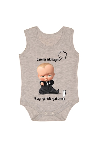 Bebetospik %100 Pamuk 9 Ay İçeride Yattım Baskılı Zıbın & Body Gri