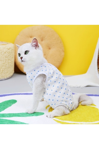 Hangfox Kedi Cerrahi Sonrası Giysi - Doğum Sonrası Kıyafet, Yalama Engeli, Sağlam Malzeme, Mavi Dört Yapraklı Çiçek Desenli