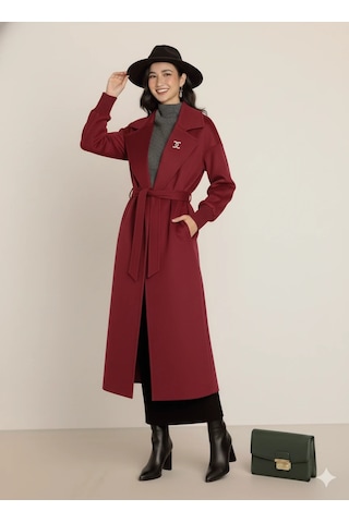Kadın Siyah Kaşe Uzun Kaban Maksi Boy Palto Geniş Yakalı Düz Kesim Kışlık Bordo