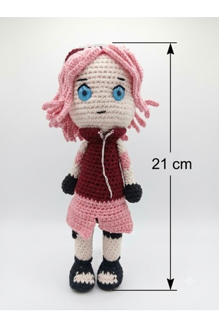 Sakura Haruno / Uchiha Amigurumi Örgü Oyuncak - Anime Hediyelik Figür 21 Cm