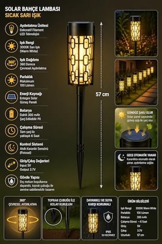Panter Solar Bahçe Aydınlatması, Balkon Dekorasyonu, Güneş Enerjili Hareket Sensörlü, 3000k Sarı Gün Işığı Filament Led Dış Mekan Su Geçirmez Çim Yol Peyzaj Patika Aydınlatma Dekoratif Lamba 55 Cm Enerji Sınıfı A 10 Parça Siyah