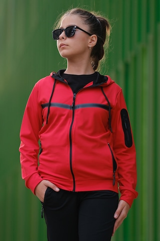 Pina Kids Kız Çocuk Kolu Cepli Şerit Baskılı Kapüşonlu Dalgıç Kumaş Eşofman Takımı Esf7031 Kırmızı