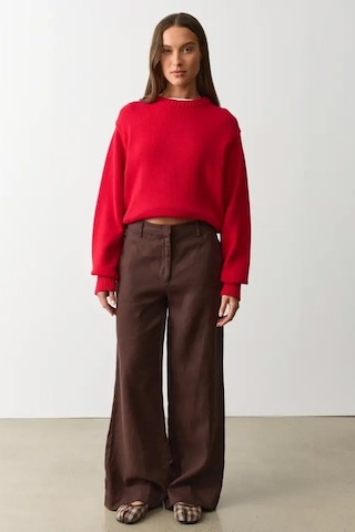 Madmext Kahverengi Yüksek Bel Keten Wide Leg Pantolon Mg2718
