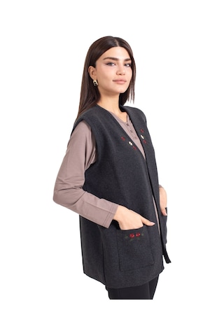 Kadın Orta Yaş Ve Üzeri Triko Örgü Düğmesiz Kanaviçe Desen Nakışlı Anne Yelek 310-siyah-füme Çok Renkli