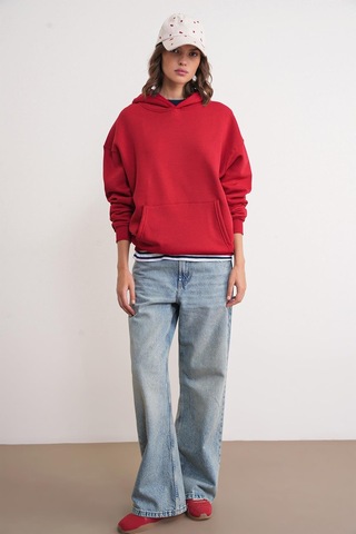 Mixray 2022 Unisex 3iplik Basic Polarlı Kapüşonlu Sweatshirt Hoodie Kırmızı Kırmızı