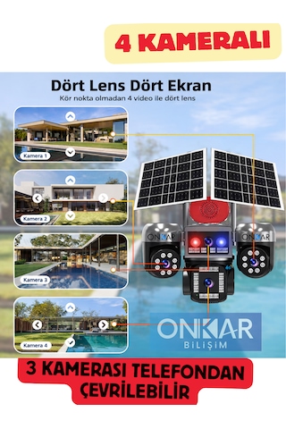 Onkar 12mp 4 Kameralı 3 Kamerası Ptz 4g Esim Sim Kartlı Güneş Enerjili Güvenlik Kamerası