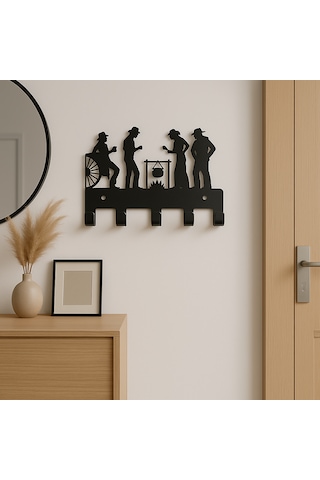 Lunoart Modern Kovboy Silüetli Metal Anahtarlık 5 Askılı Siyah Dekoratif Organizer Siyah