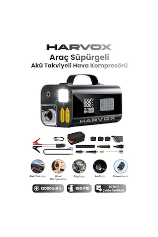 Harvox Jump Starter Akü Takviye Cihazı 10 İn 1 Powerbank, Hava Kompresörü, Lcd Ekran,12.000mah