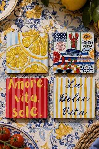 Kare La Dolce Vita Bardak Altlığı 4'lü Set Sicilya Temalı - 9 Cm, 3 Mm Mdf, Uv Baskı, Dekoratif Ba Çok Renkli