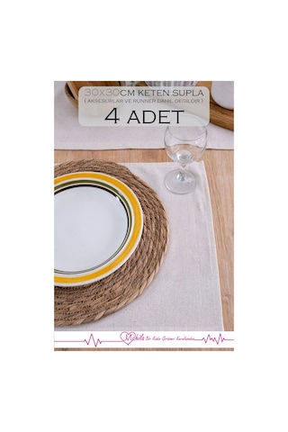4 Adet %100 Ham Keten Peçete 30x30cm, Amerikan Sunum Peçetesi, Organik Keten Dekoratif Peçete Bej