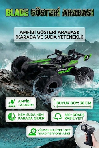 Uzaktan Kumandalı Şarjlı Amfibi Off-road Oyuncak Araba Büyük Boy 38 Cm Suda Ve Karada Giden Yeşil