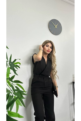 Yeni Sezon Gömlek Yaka İthal Kumaş Tulum Siyah Siyah