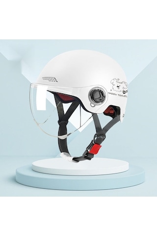 Neevoyu Kış- Yaz Kullanıma Uygun 3c Onaylı Elektrikli Motor Kaskı - L019 Beyaz Çizgili Köpek Desenli Yarı Kask