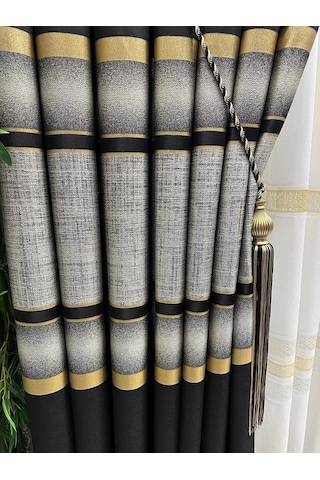 Nivemeshome Melanezya Siyah- Gold Şeritli 1/3 Sık Pileli Fon Perde Apm Siyah- Gold