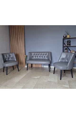 Azra Mobilya Deri Çay Seti Koltuk Takımı - Bekleme Salonu - Cafe Mobilya - Ofis Mobilya - Balkon Mobilya Gri