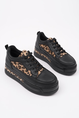 Muggo Zarina Kadın Kalın Taban Leopar Desenli Bağcıklı Günlük Sneaker Spor Ayakkabı Siyah
